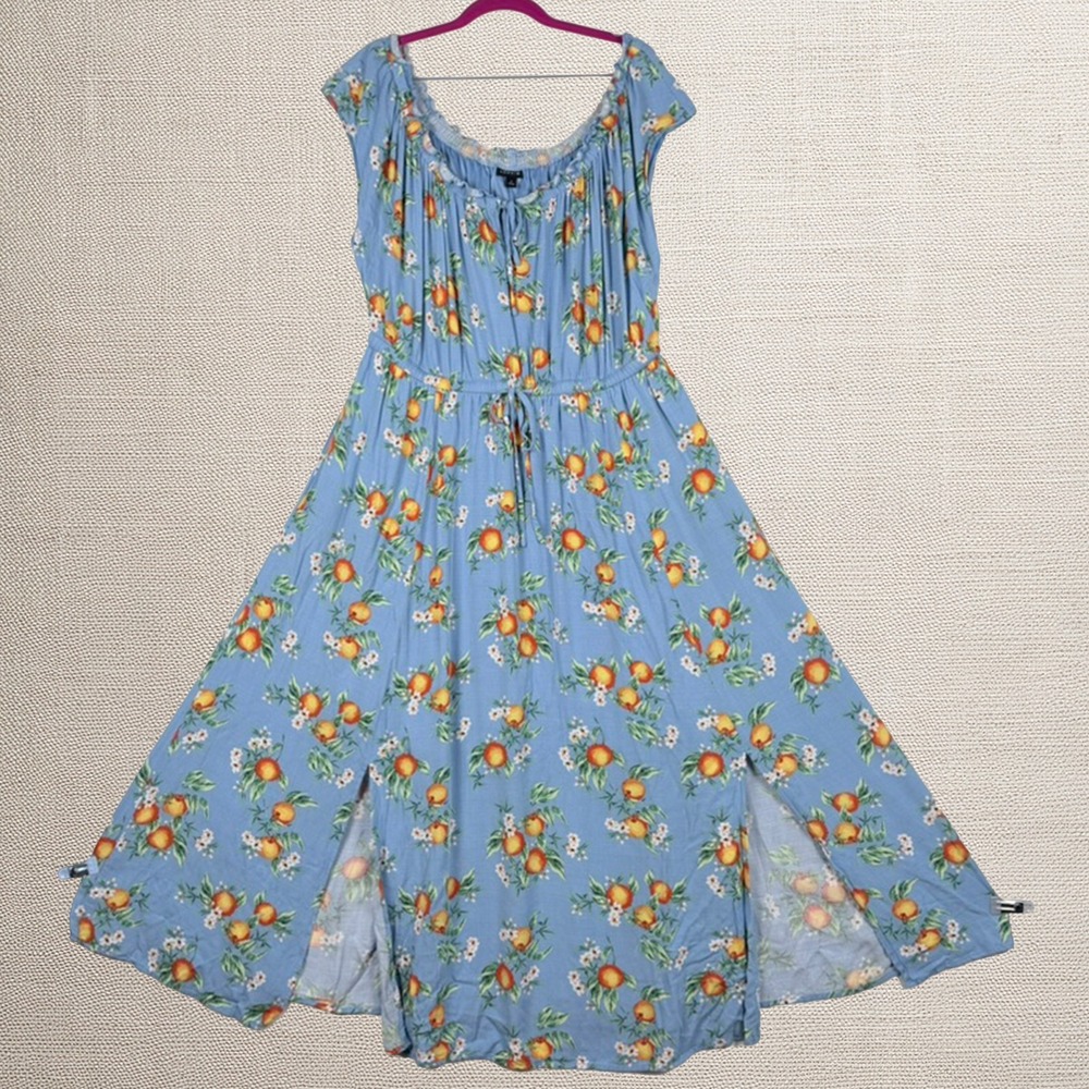 Torrid Midi Dress 2 Blue Orange Fruit Flower Blossom Cottagecore Milkmaid Boho - Picture 2 of 12